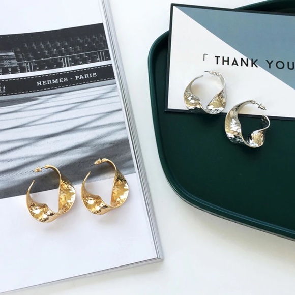 New Silver Hammered Statement Hoop Earrings | Bold Curved Design - Picture 5 of 6